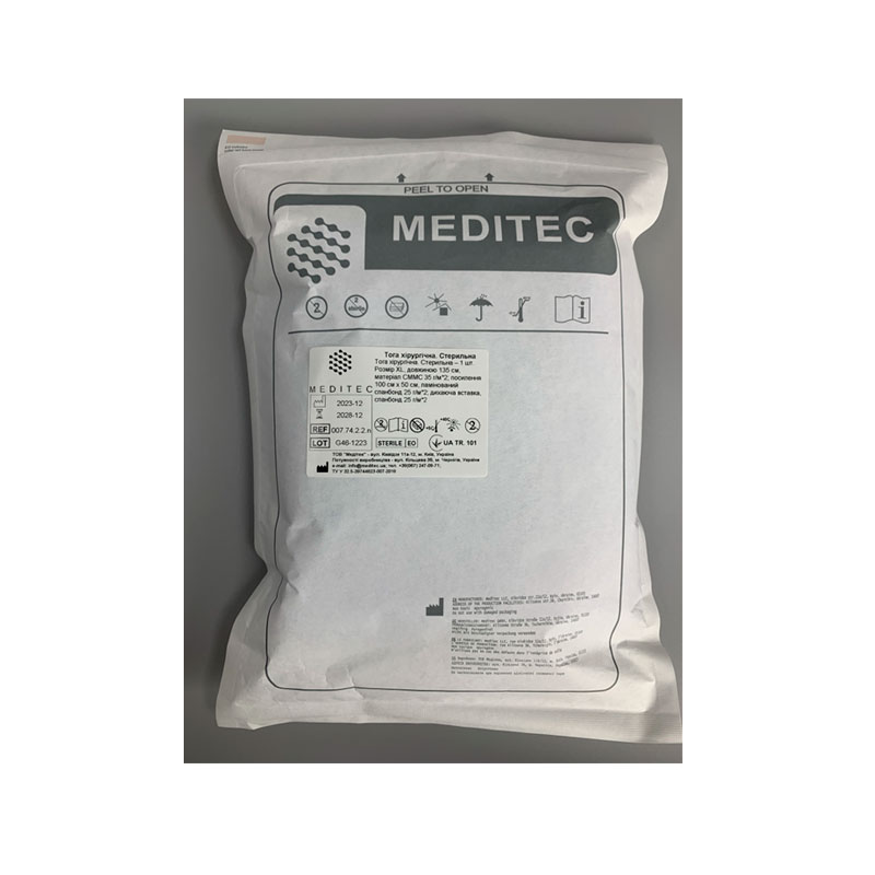 Тога хірургічна. Стерильна – 1 шт. Розмір XL, довжиною 135 см, матеріал СММС 35 г/м*2;